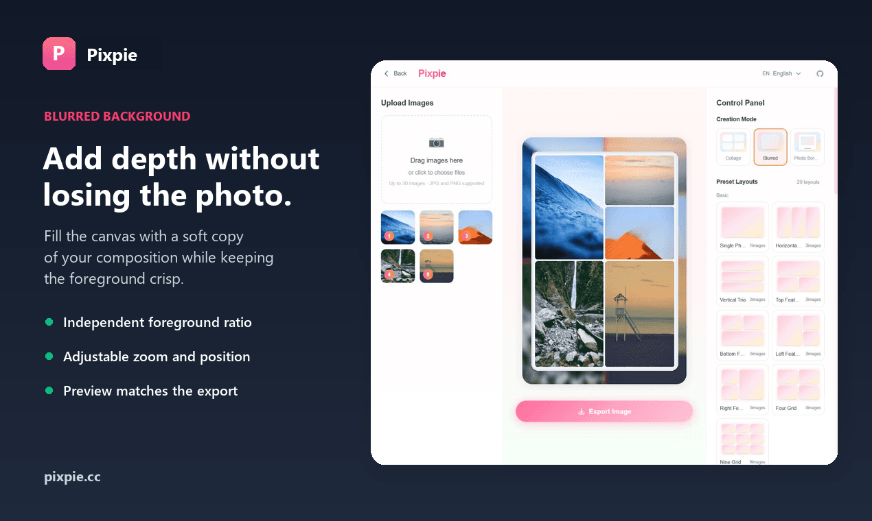 Pixpie editor showing a clear photo over a blurred copy used as the canvas backdrop